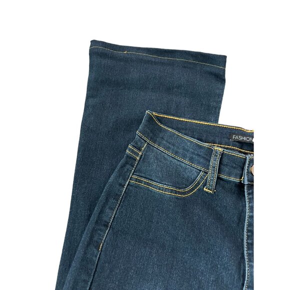 Fashion Nova Jeans Sz 5 Bell Bottom Wide Leg Dark Wash Blue Retro Wash High Rise - Picture 4 of 11